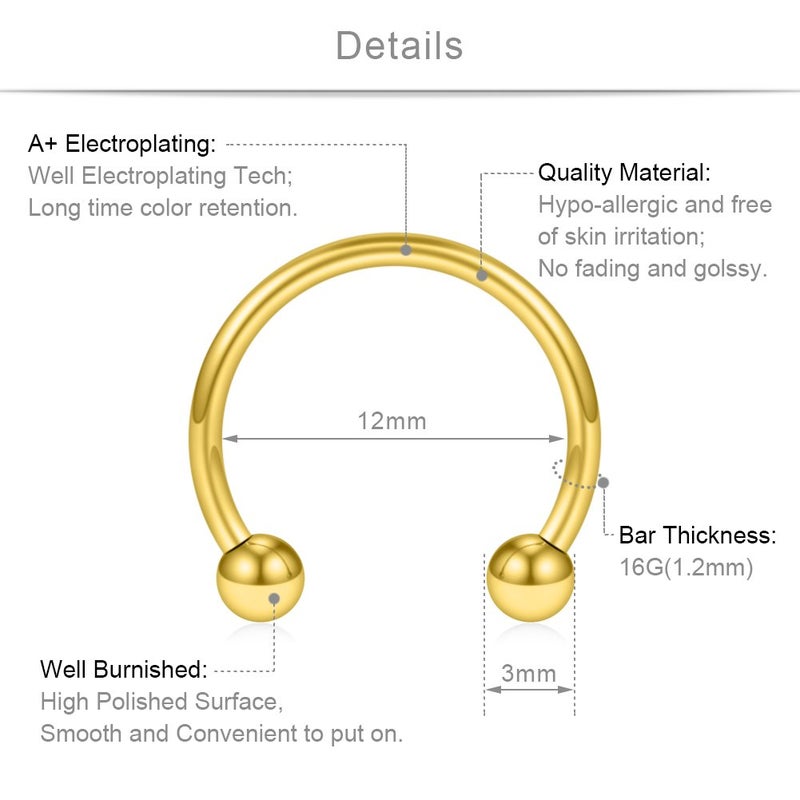 SCERRING 8PCS 16G Stainless Steel Nose Septum Horseshoe Earring Eyebrow Septum Lip Helix Tragus Cartilage Piercing Ring 6mm,8mm,10mm,12mm - Gold - Image 2